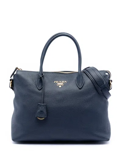Pre-owned Prada 2013-2025 Vitello Daino Zip Top Satchel In Blue