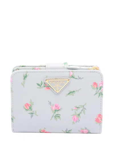 Pre-owned Prada 2013-2025 Vitello Rose Bi-fold Wallet Small Wallets In Blue