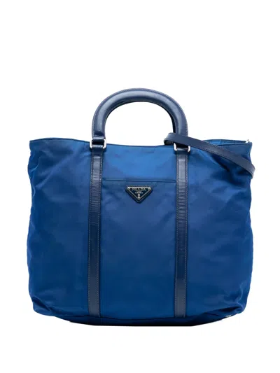 Pre-owned Prada 2013-2025 Vitello Trimmed Tessuto Satchel In Blue