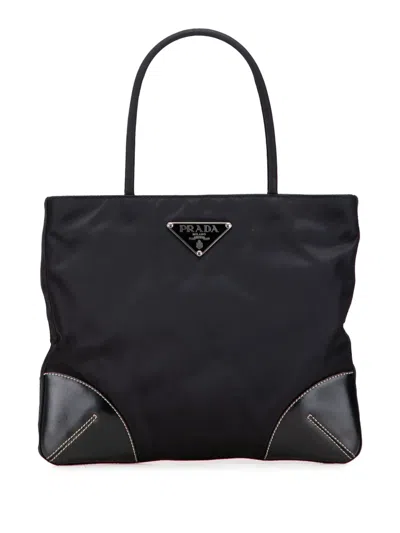 Pre-owned Prada 2013-2025 Vitello Trimmed Tessuto Tote Bag In Black