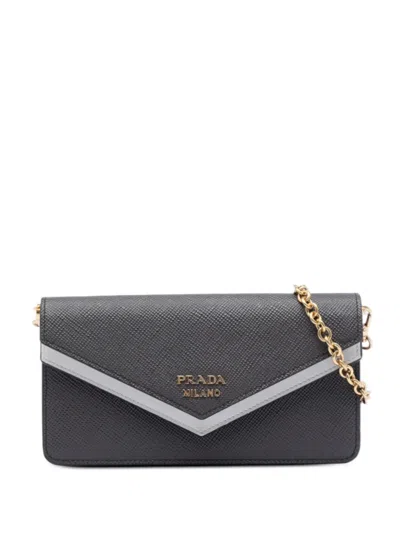 Pre-owned Prada 2013-2026 Bicolor Saffiano Lux Envelope Double Flap Wallet On Chain Crossbody Bag In Black