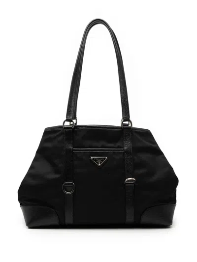 Pre-owned Prada 2013-2026 Leather Trimmed Tessuto Tote Bag In Black