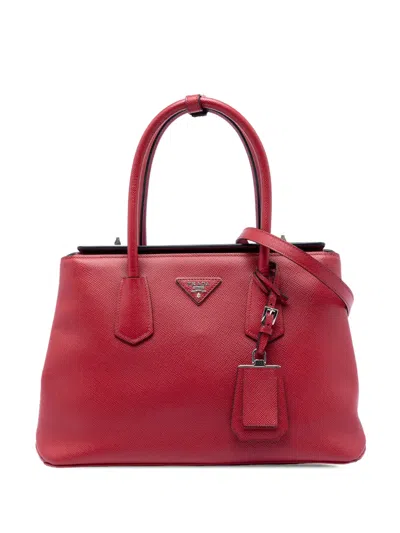 Pre-owned Prada 2013-2026 Saffiano Cuir Turnlock Twin Satchel In Red