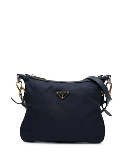 Pre-owned Prada 2013-2026 Saffiano Trimmed Tessuto Zip Top Crossbody Bag In Blue