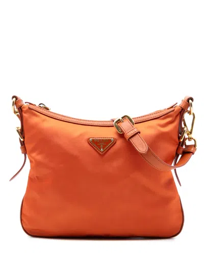 Pre-owned Prada 2013-2026 Saffiano Trimmed Tessuto Zip Top Crossbody Bag In Orange