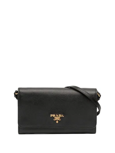 Pre-owned Prada 2013-2026 Saffiano Wallet On Strap Crossbody Bag In Black