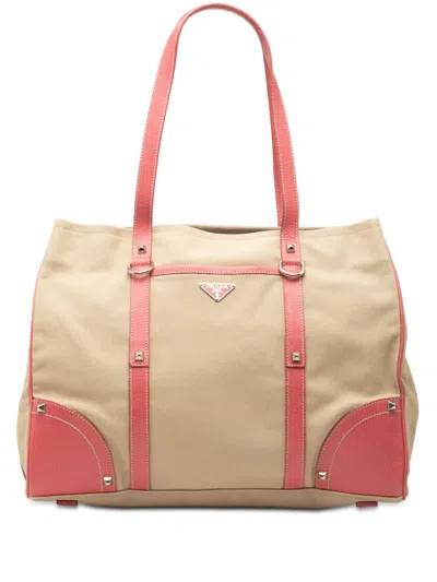 Pre-owned Prada 2013-2026 Studded Leather Trimmed Canvas Front Pocket Tote Satchel In Brown