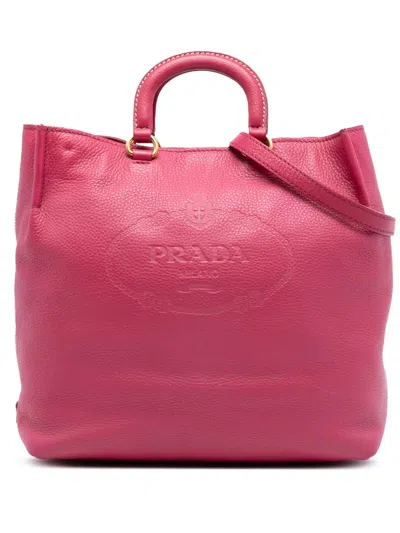 Pre-owned Prada 2013-2026 Vitello Daino Embossed Canapa Logo Open Convertible Tote Satchel In Pink