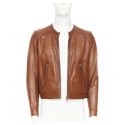 Pre-owned Prada 2013 Perforated Lambskin Leather Full Zip Collarless Bomber Jacket It46 S In Brown