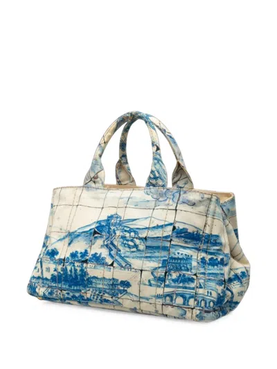 Pre-owned Prada 2013-2014 Large Canvas Canapa Azulejos Satchel In Blue
