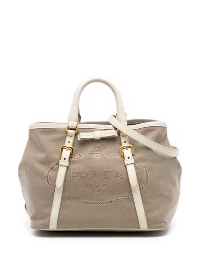 Pre-owned Prada 2013-2025 Canvas Canapa Logo Bow Satchel In Brown