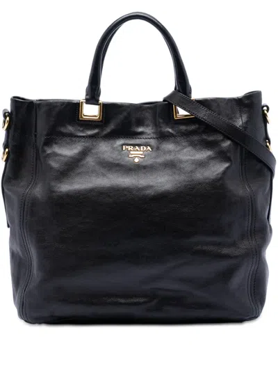 Pre-owned Prada 2013-2025 Glace Calf Open Convertible Tote Satchel In Black