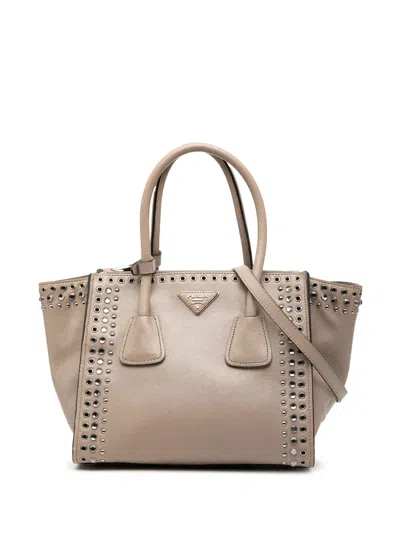 Pre-owned Prada 2013-2025 Glace Calf Studded Twin Pocket Satchel In Neutral