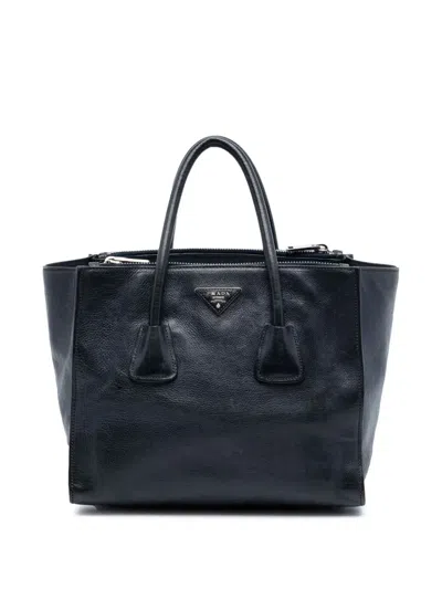 Pre-owned Prada 2013-2025 Glace Calf Twin Pocket Double Handle Satchel In Blue