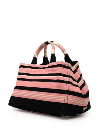Pre-owned Prada 2013-2025 Large Canvas Canapa Righe Striped Satchel In Pink