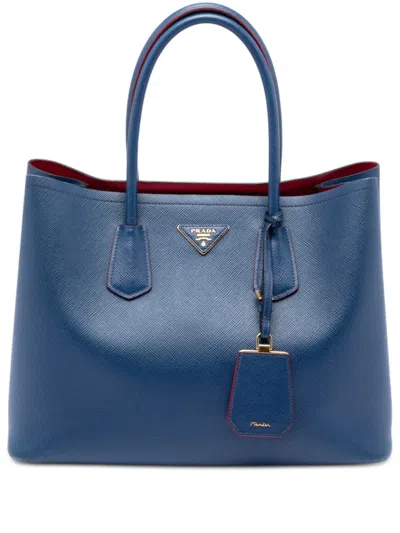 Pre-owned Prada 2013-2025 Large Saffiano Cuir Double Satchel In Blue