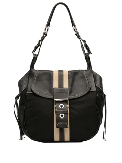 Pre-owned Prada 2013-2025 Leather Trimmed Tessuto Buckle Shoulder Bag In Black