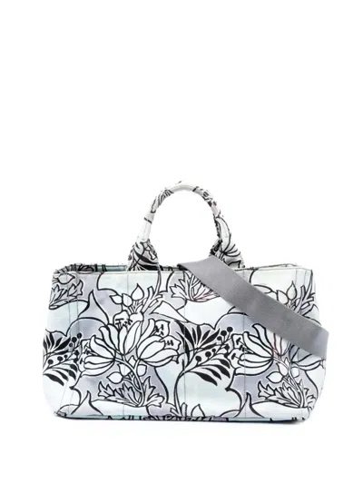 Pre-owned Prada 2013-2025 Medium Floral Printed Canvas Canapa Satchel In Blue
