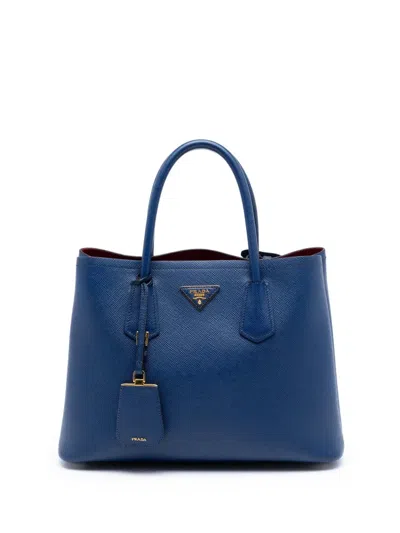 Pre-owned Prada 2013-2025 Medium Saffiano Cuir Double Satchel In Blue
