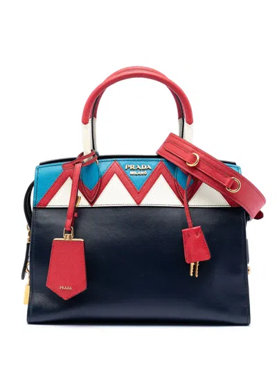 Pre-owned Prada 2013-2025 Medium Saffiano Trimmed City Calf Greca Esplanade Satchel In Blue