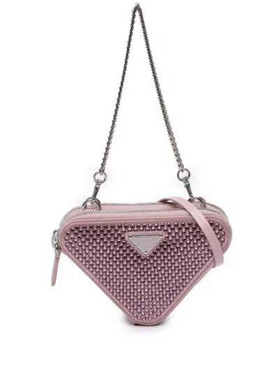 Pre-owned Prada 2013-2025 Mini Crystal Embellished Satin And Leather Triangle Pouch Satchel In Pink