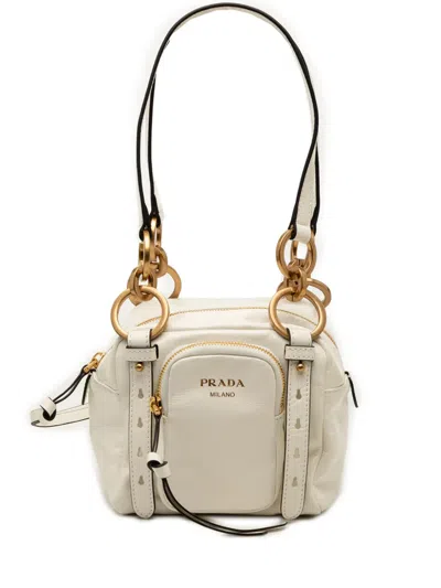 Pre-owned Prada 2013-2025 Mini Soft Calfskin Dangle Top Handle Bag Shoulder Bag In White