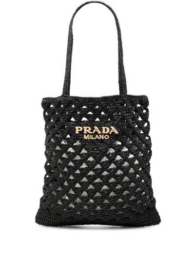 Pre-owned Prada 2013-2025 Raffia Effect Crochet Logo Embroidered Tote Bag In Black