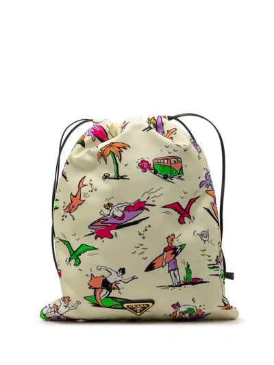 Pre-owned Prada 2013-2025 Re Nylon Surf Print Wish Drawstring Pouch In Brown