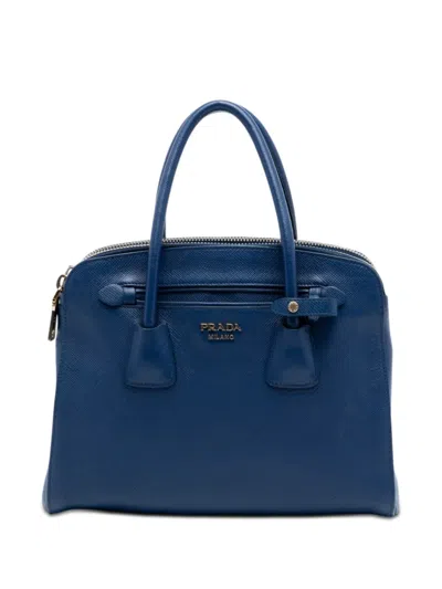Pre-owned Prada 2013-2025 Saffiano Cuir Double Zip Top Handle Bag Satchel In Blue