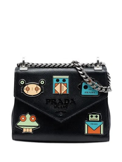Pre-owned Prada 2013-2025 Saffiano Cuir Monochrome Robot Patches Envelope Chain Flap Crossbody Bag In Black