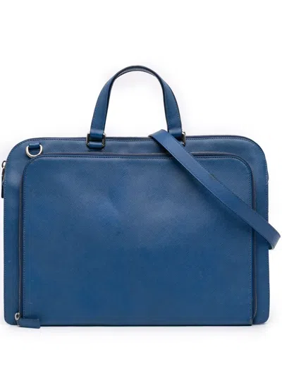 Pre-owned Prada 2013-2025 Saffiano Cuir Travel Front Zip Pocket Briefcase Business Bag In Blue