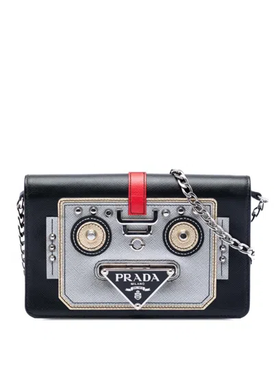 Pre-owned Prada 2013-2025 Saffiano Robot Wallet On Chain Crossbody Bag In Black