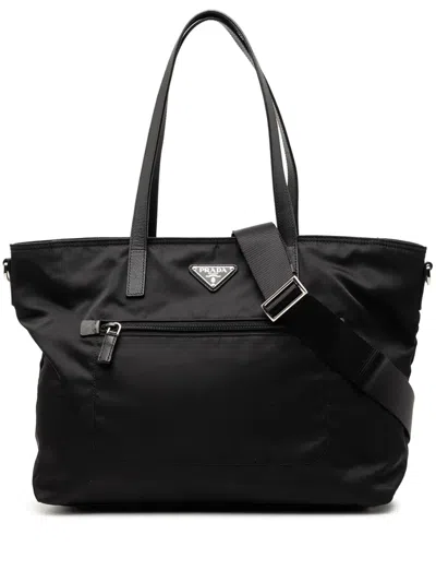 Pre-owned Prada 2013-2025 Saffiano Trimmed Tessuto Satchel In Black