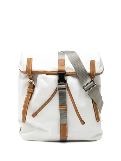 Pre-owned Prada 2013-2025 Saffiano Trimmed Tessuto Triple Buckle Messenger Bag Crossbody Bag In White