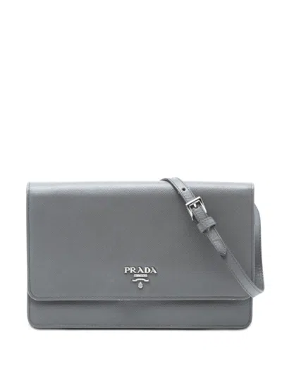 Pre-owned Prada 2013-2025 Saffiano Wallet On Strap Crossbody Bag In Gray