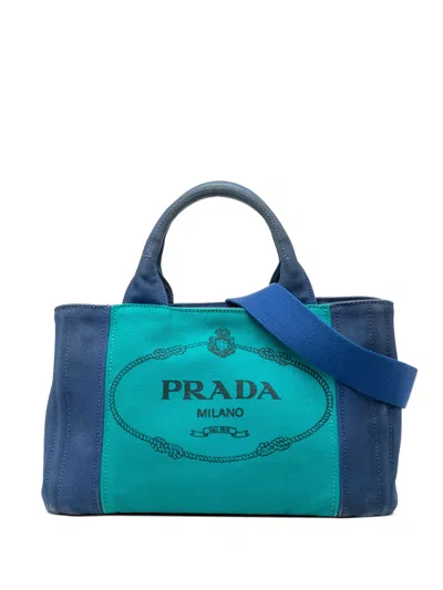 Pre-owned Prada 2013-2025 Small Bicolor Canvas Canapa Logo Satchel In Blue