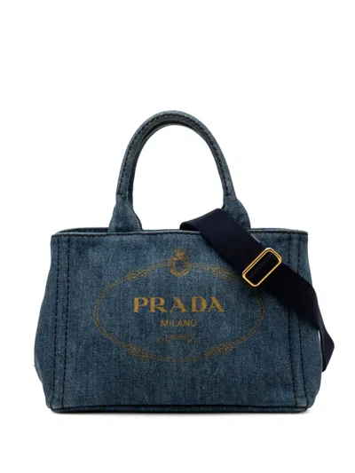 Pre-owned Prada 2013-2025 Small Denim Canapa Logo Satchel In Blue
