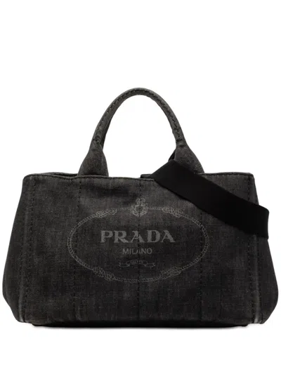 Pre-owned Prada 2013-2025 Small Denim Canapa Logo Satchel In Gray