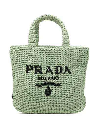 Pre-owned Prada 2013-2025 Small Raffia Effect Crochet Embroidered Logo Tote Bag In Green
