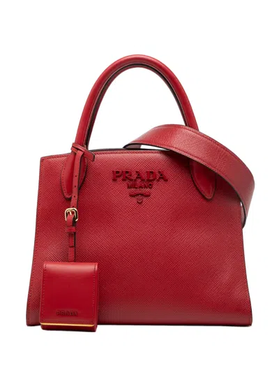 Pre-owned Prada 2013-2025 Small Saffiano Cuir Monochrome Top Handle Tote Satchel In Red