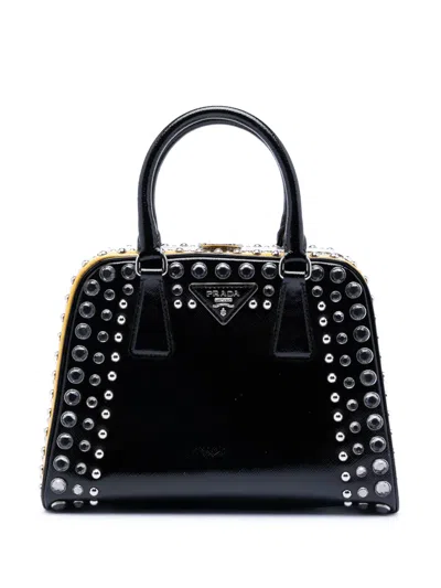 Pre-owned Prada 2013-2025 Small Studded Saffiano Vernice Frame Top Handle Bag Satchel In Black