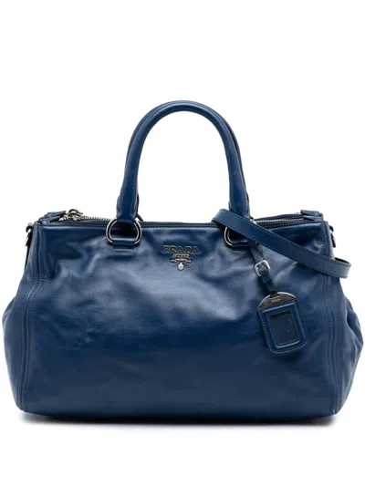 Pre-owned Prada 2013-2025 Soft Calf Double Zip Convertible Tote Satchel In Blue