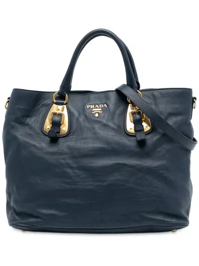 Pre-owned Prada 2013-2025 Soft Calfskin Open Convertible Shopping Tote Satchel In Blue
