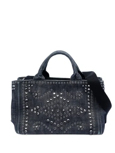 Pre-owned Prada 2013-2025 Studded Denim Canapa Logo Satchel In Gray