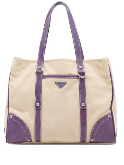 Pre-owned Prada 2013-2025 Studded Leather Trimmed Canvas Front Pocket Tote Satchel In Brown