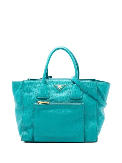 Pre-owned Prada 2013-2025 Vitello Daino Front Pocket Open Convertible Tote Satchel In Blue