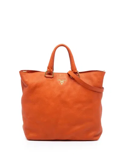 Pre-owned Prada 2013-2025 Vitello Daino Open Convertible Tote Satchel In Orange