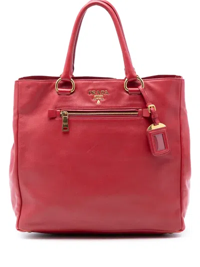 Pre-owned Prada 2013-2025 Vitello Daino Open Convertible Tote Satchel In Red