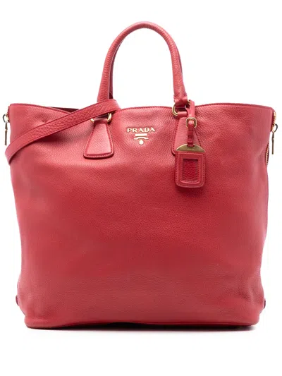 Pre-owned Prada 2013-2025 Vitello Daino Side Zip Shopper Tote Satchel In Red