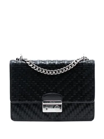 Pre-owned Prada 2013-2025 Woven Madras Leather Chain Flap Bag Crossbody Bag In Black